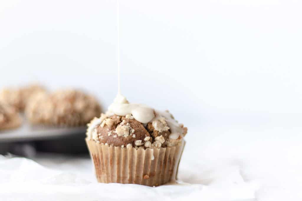 coffee cake muffin with vanilla glaze drizzle