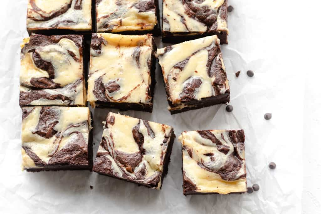 cream cheese swirl brownies cut into squares
