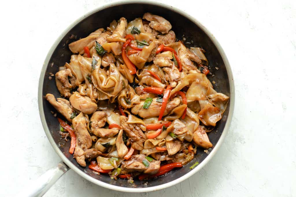 drunken noodles in a sauté pan