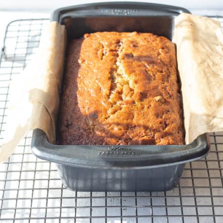 zucchini bread with chocolate chips in baking dish