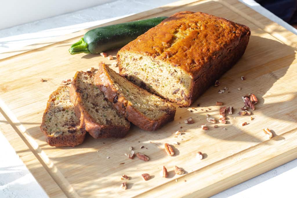 chocolate chip zucchini bread sliced on a cutting board