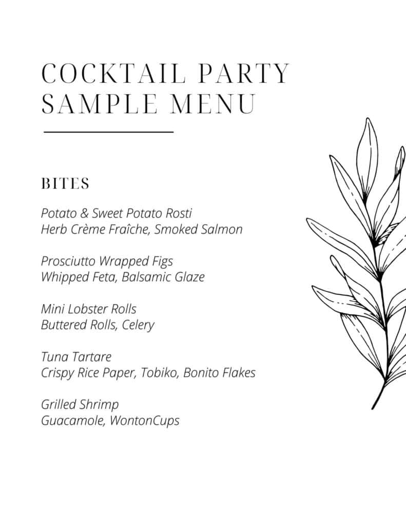 cocktail party sample menu