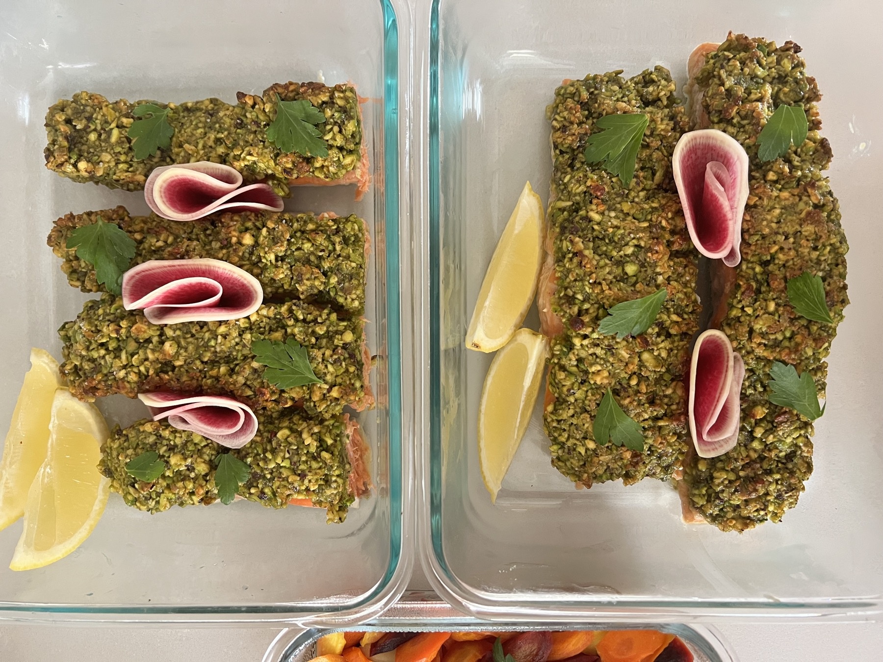Pistachio-crusted salmon prepared by an Eats by Nicole chef