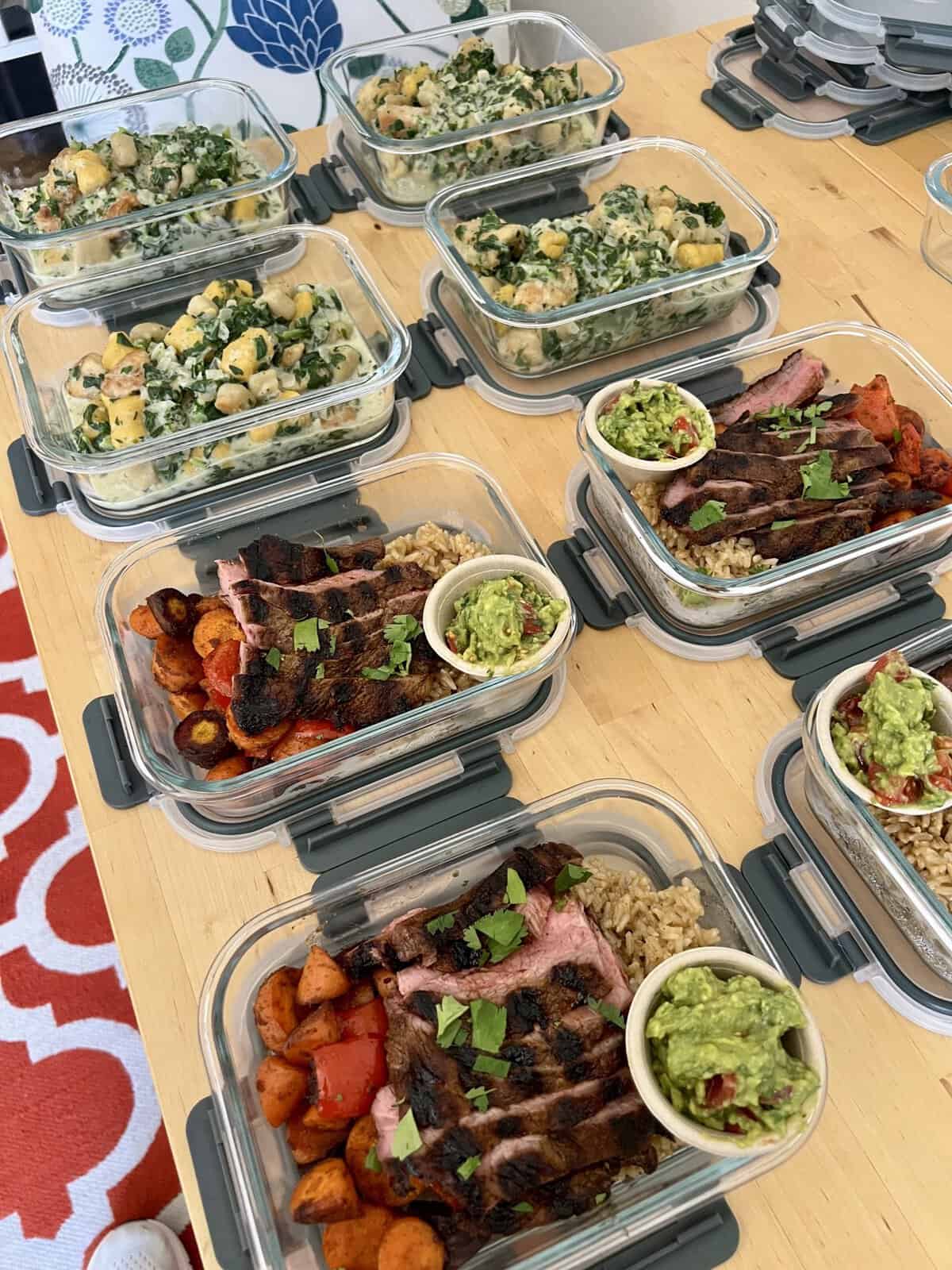 Grilled steak, guacamole and rice bowls portioned for the week by an Eats by Nicole private chef