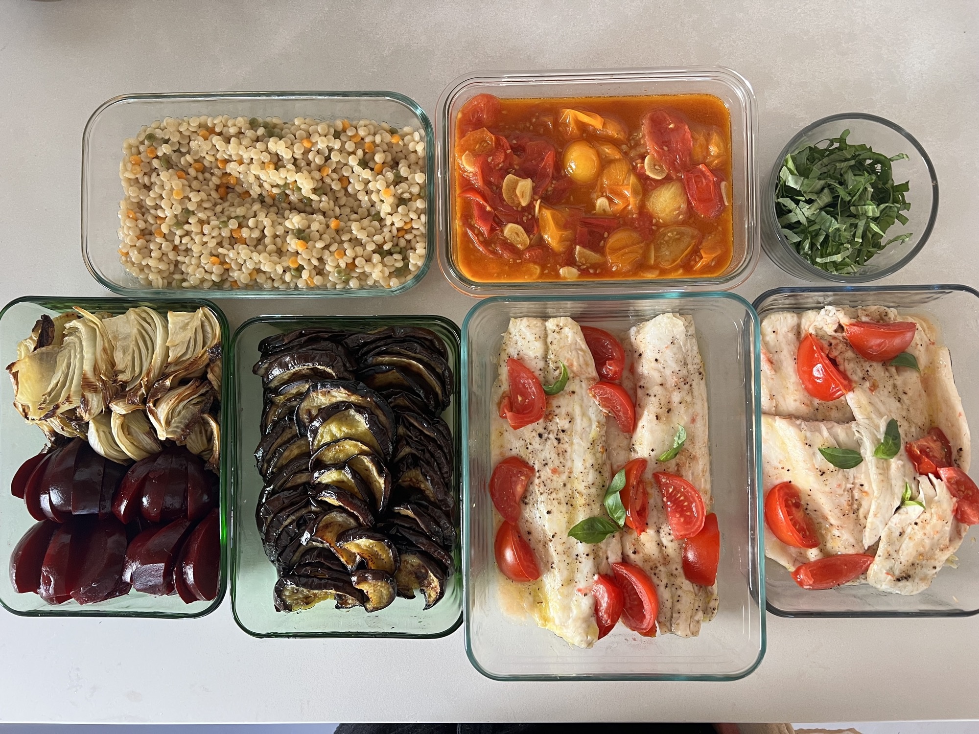 A week of meals prepared by an Eats by Nicole chef in a Los Angeles kitchen — branzino, roasted eggplant, fennel, beets and pearl couscous