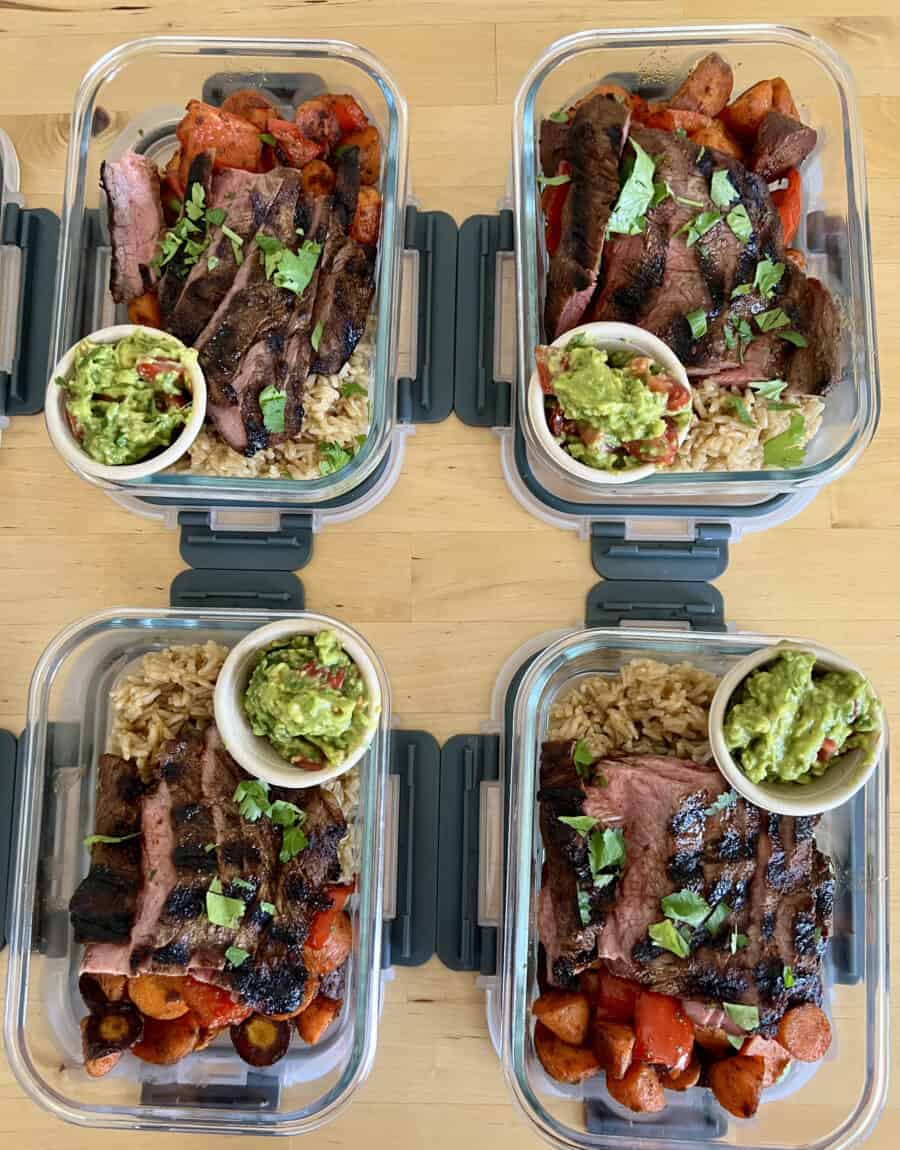 Grilled steak, rice and guacamole portioned into weekly containers by an Eats by Nicole private chef