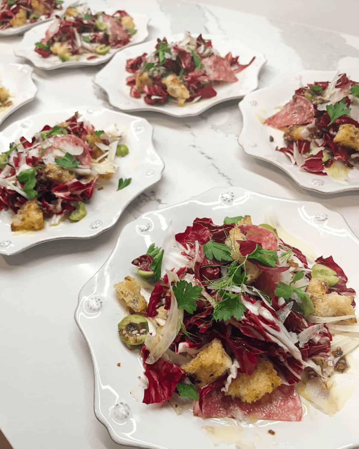 Plated radicchio and salami salads ready to serve at a private dinner party