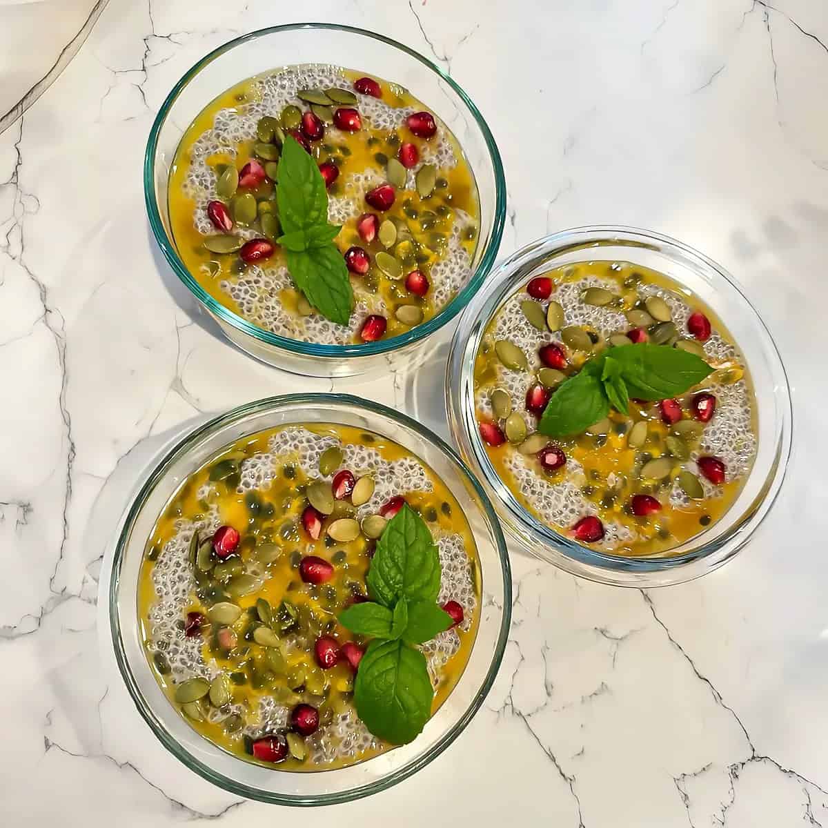 Chia pudding with passionfruit and pomegranate, portioned for the week