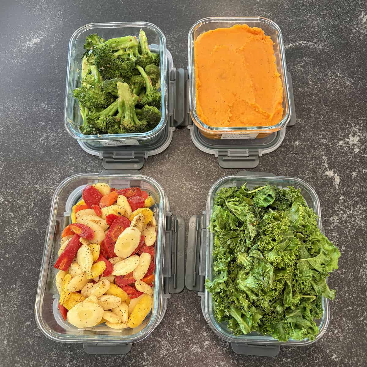 Four glass containers of broccoli, sweet potato mash, roasted squash and peppers, and kale